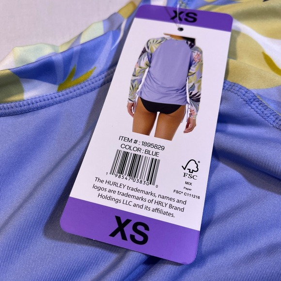 Hurley Womens Rash Guard XS Blue Floral Print Long Sleeve UPF 50+ Ruched Sides - Picture 2 of 13